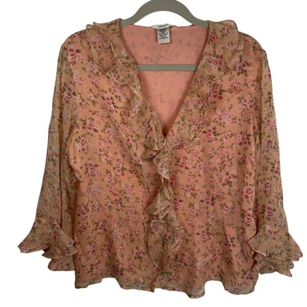 Edward Womens XL Pink Floral 100% Silk Ruffle V-Neck Lined Blouse Top 3/4 Sleeve